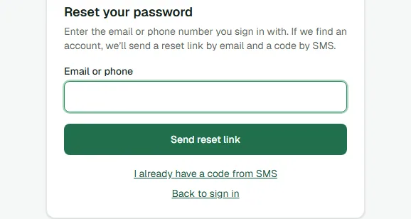 Reset your password page