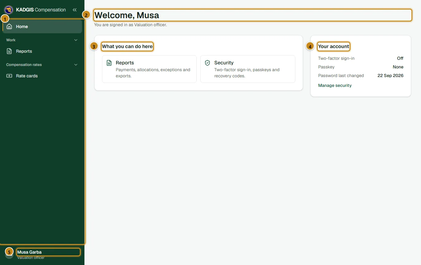 Home page and side menu