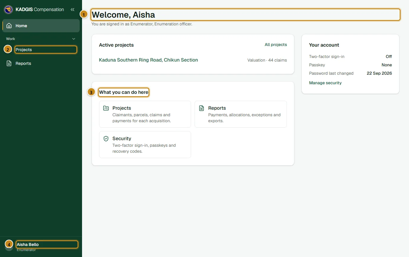Home page for an enumerator